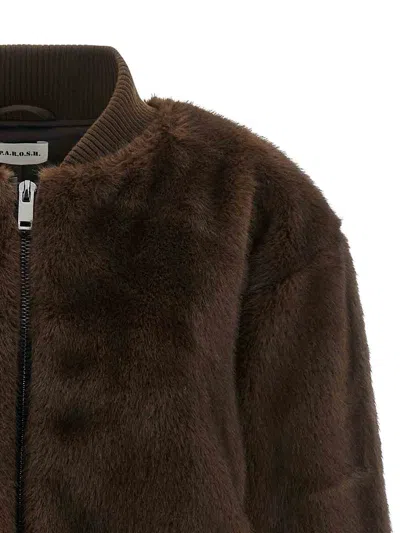 P.a.r.o.s.h . Faux Fur Bomber Jacket With Textured Appearance And Ribbed Details In Brown