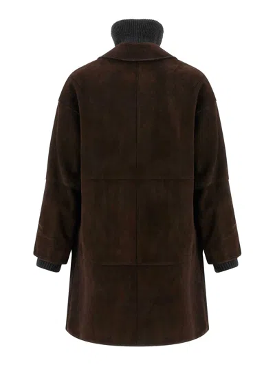 P.a.r.o.s.h Suede Coat With Knit Insert And Front Button Closure In Brown