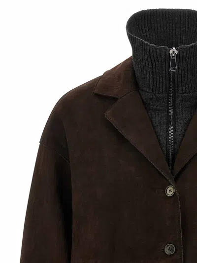 P.a.r.o.s.h Suede Coat With Knit Insert And Front Button Closure In Brown