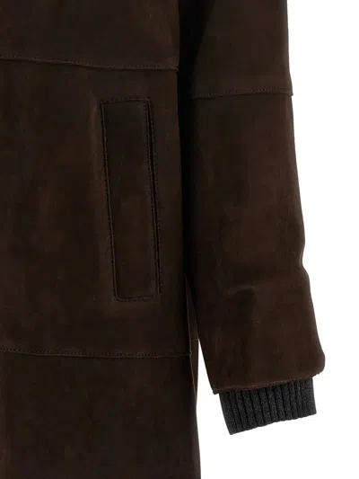 P.a.r.o.s.h Suede Coat With Knit Insert And Front Button Closure In Brown