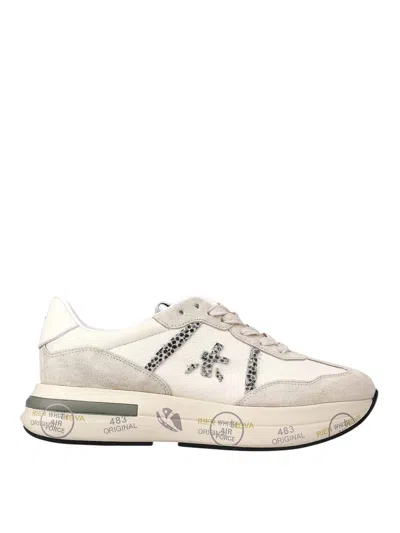 Premiata Leather And Suede Sneakers With Python Detailing In White