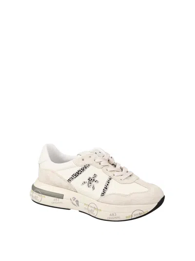 Premiata Leather And Suede Sneakers With Python Detailing In White