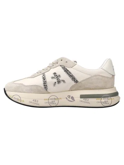 Premiata Leather And Suede Sneakers With Python Detailing In White