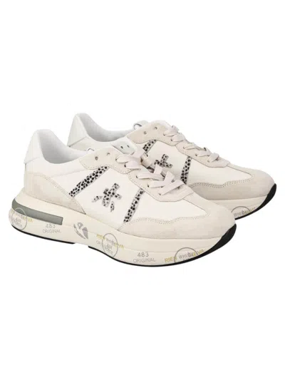 Premiata Leather And Suede Sneakers With Python Detailing In White