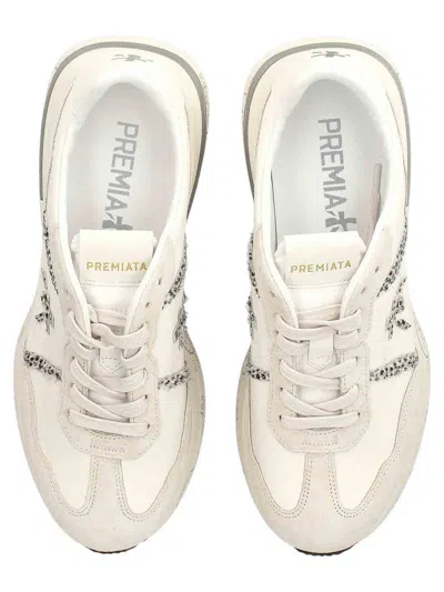 Premiata Leather And Suede Sneakers With Python Detailing In White