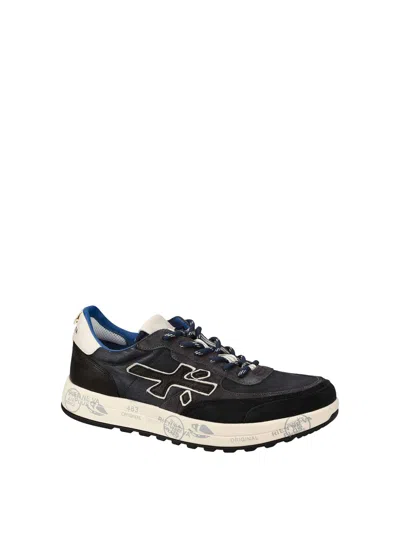 Premiata Layered White Sneakers With Textured Leather And Tpu Overlays In Blue