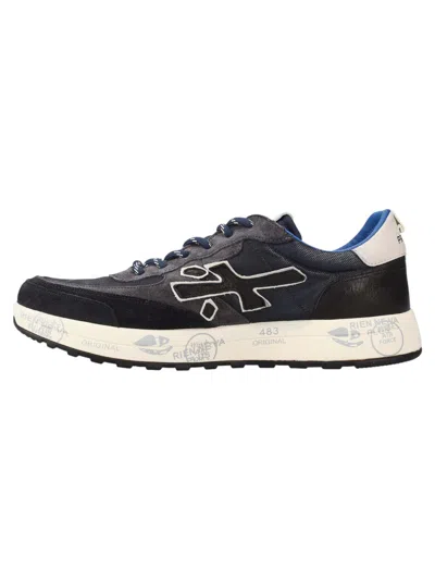 Premiata Layered White Sneakers With Textured Leather And Tpu Overlays In Blue