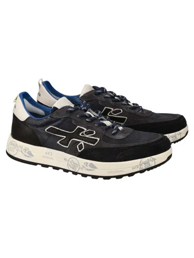 Premiata Layered White Sneakers With Textured Leather And Tpu Overlays In Blue
