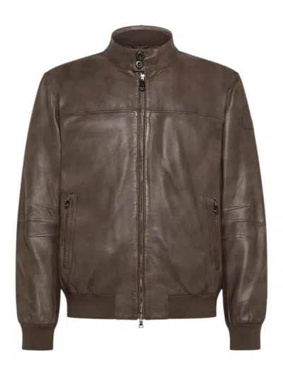 Peuterey Brown Vintage-effect Leather Bomber Jacket In Brown