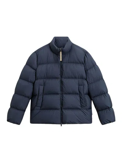 Woolrich Puffy Silhouette Coat With High Collar And Side Pockets In Blue