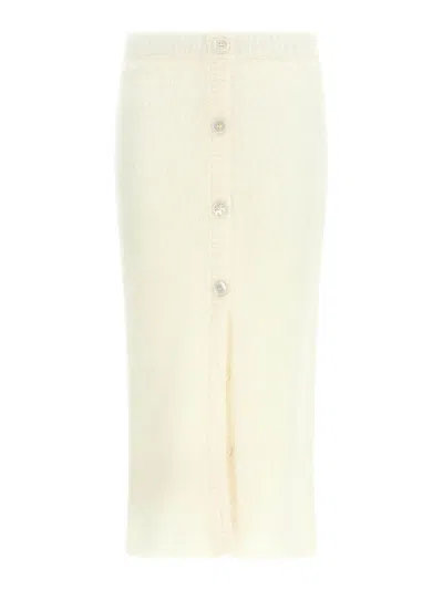 Alessandra Rich Mohair Skirt With Ribbed Waistband And Button Detailing In White