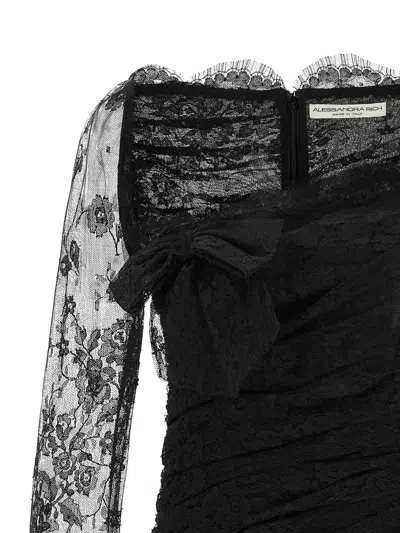 Alessandra Rich Draped Dress With Bow Accents And Lace Detailing In Black