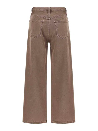 Agolde Wide Leg Denim Trousers With Front And Back Pockets In Brown