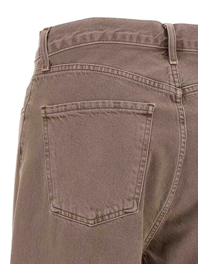 Agolde Wide Leg Denim Trousers With Front And Back Pockets In Brown