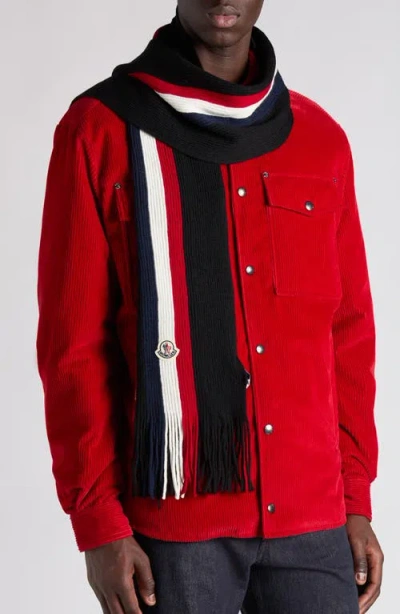 Moncler Logo Patch Stripe Virgin Wool Fringe Scarf In Blue