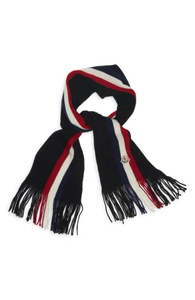 Moncler Logo Patch Stripe Virgin Wool Fringe Scarf In Blue