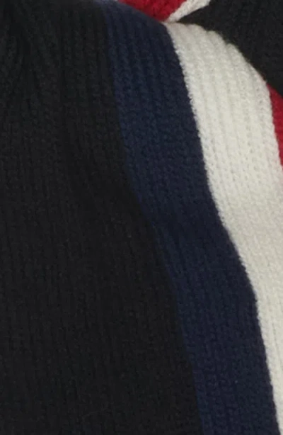 Moncler Logo Patch Stripe Virgin Wool Fringe Scarf In Blue