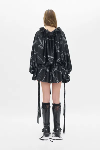 Ann Demeulemeester Bregje Ruffled Dress With Drawsting Dreamcatcher Print In Black