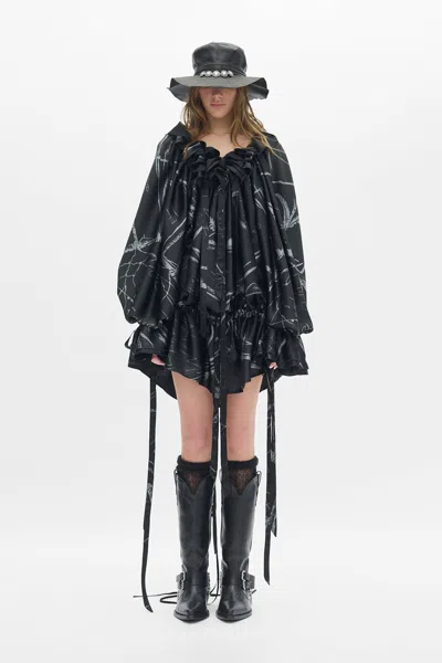 Ann Demeulemeester Bregje Ruffled Dress With Drawsting Dreamcatcher Print In Black