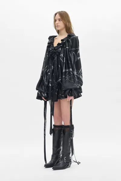 Ann Demeulemeester Bregje Ruffled Dress With Drawsting Dreamcatcher Print In Black