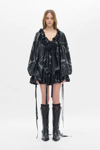 Ann Demeulemeester Bregje Ruffled Dress With Drawsting Dreamcatcher Print In Black