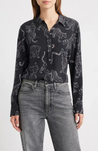 Rails Kate Jaguar Print Silk Button-up Shirt In Black