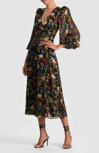 Alice And Olivia Floral-print Puff-sleeves Asymmetric Day Dress In Multi