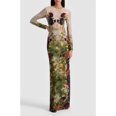 Alice And Olivia Delora Long Sleeve Crew Neck Maxi Dress Forbidden Forest In Multi