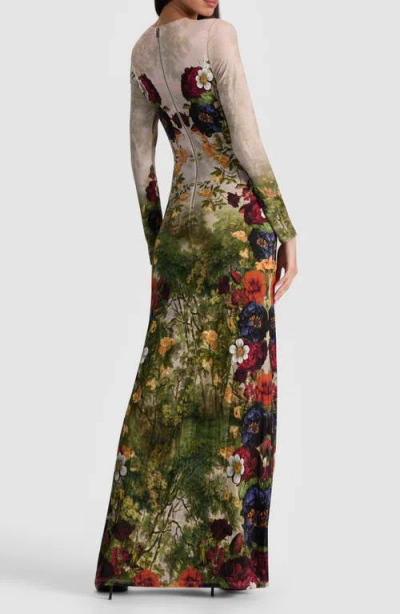 Alice And Olivia Delora Long Sleeve Crew Neck Maxi Dress Forbidden Forest In Multi