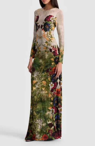 Alice And Olivia Delora Long Sleeve Crew Neck Maxi Dress Forbidden Forest In Multi