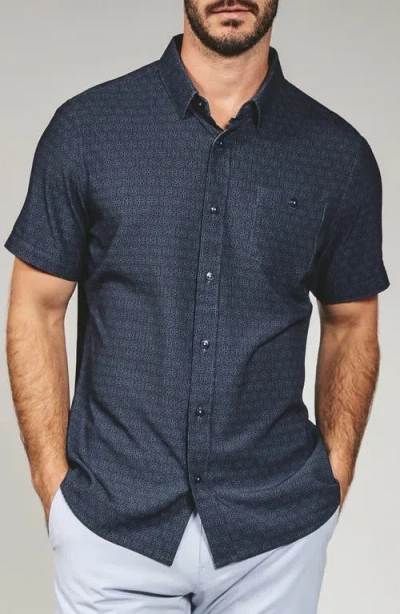 7 Diamonds Teo Textured Geo Pattern Short Sleeve Stretch Button-up Shirt In Blue