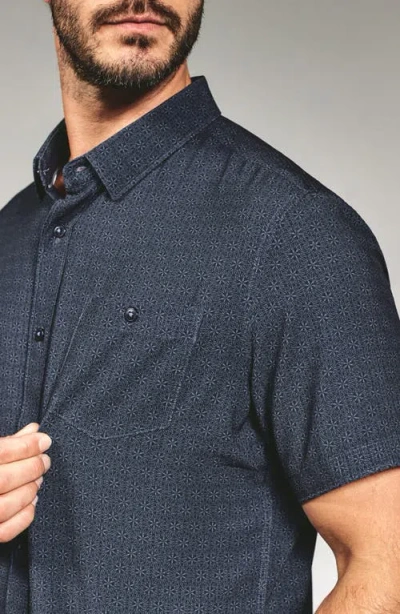 7 Diamonds Teo Textured Geo Pattern Short Sleeve Stretch Button-up Shirt In Blue