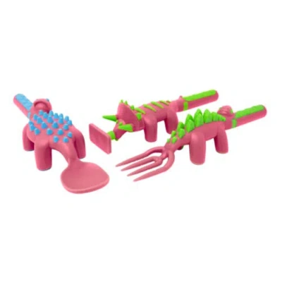 Constructive Eating Set Of 3 Dino Eating Utensils For Kids And Toddlers In Pink