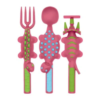Constructive Eating Set Of 3 Dino Eating Utensils For Kids And Toddlers In Pink