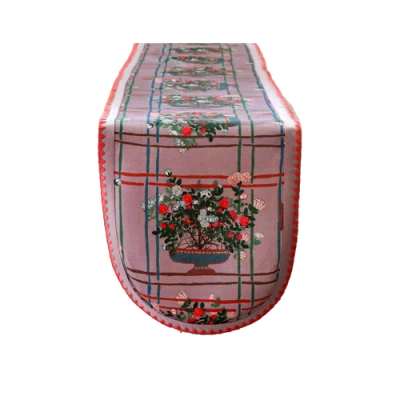 Sophie Williamson Design Pink Large Table Runner In Dusty Lilac With Romantic Roses And Bold Lines In Pink