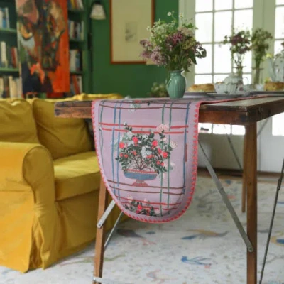 Sophie Williamson Design Pink Large Table Runner In Dusty Lilac With Romantic Roses And Bold Lines In Pink