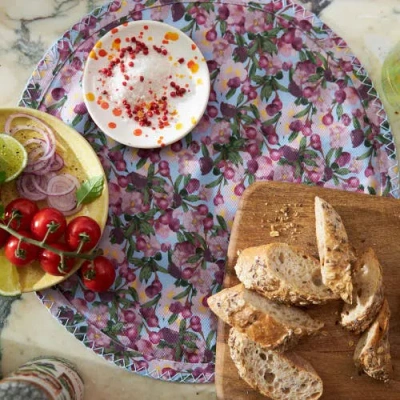 Sophie Williamson Design Set Of Six Round Placemats In Romantic Pink Cherry Blossom Print On Blue In Multi
