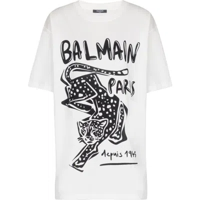 Balmain Short-sleeved T-shirt With Leopard Print In White