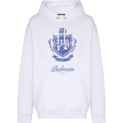 Balmain College Emblem Logo Graphic Hoodie In White