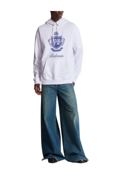 Balmain College Emblem Logo Graphic Hoodie In White
