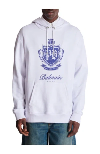 Balmain College Emblem Logo Graphic Hoodie In White