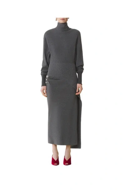 Lanvin Embellished Draped Wool-blend Turtleneck Midi Dress In Gray