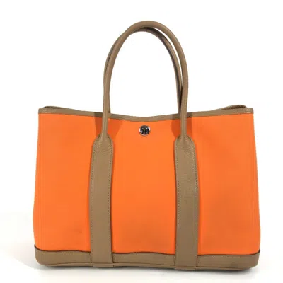 Pre-owned Hermes Garden Brown Orange Toile Officier Negonda Leather Handbag Tote Bag ()