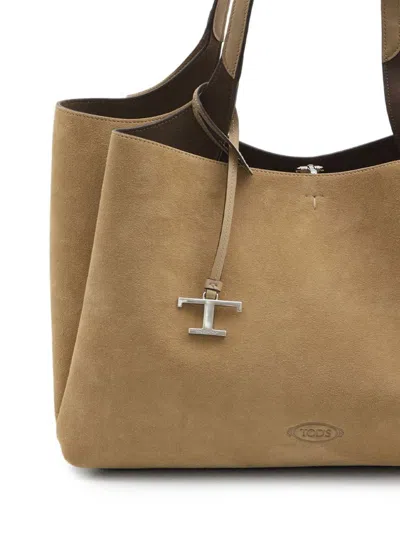 Tod's Beige Suede Leather Top Handle Bag In Brown