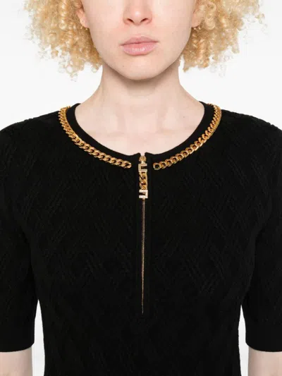 Elisabetta Franchi Mini Dress In Diamond Knit With Black Jewel Detail In Black