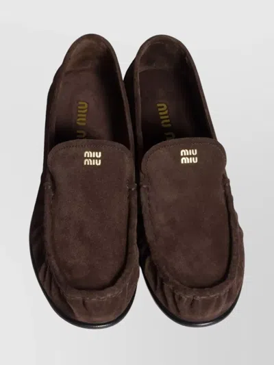 Miu Miu Suede Round Toe Slip On Loafers In Brown