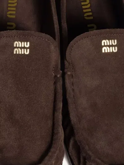 Miu Miu Suede Round Toe Slip On Loafers In Brown
