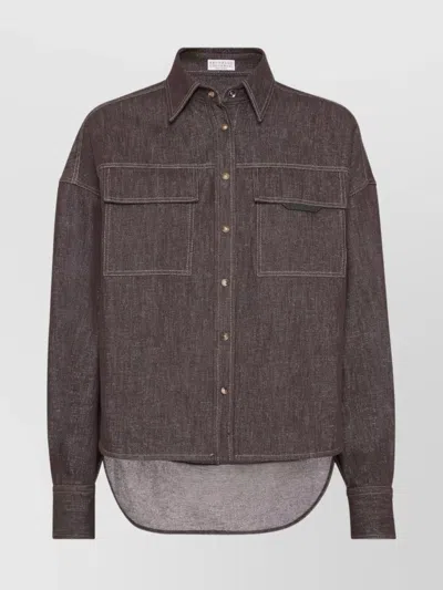 Brunello Cucinelli Brown Shirt With Classic Collar And Monil Detail On The Pocket In Cotton Blend Woman
