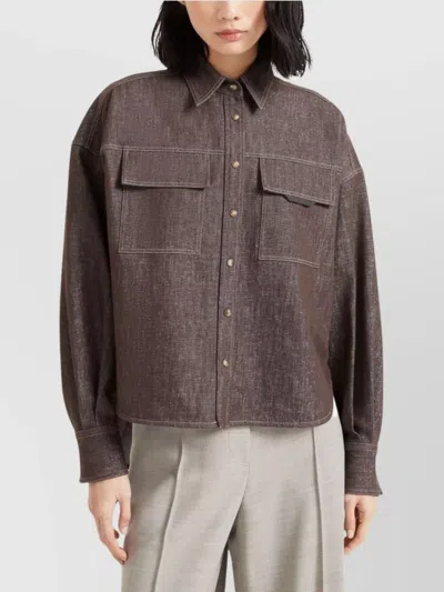 Brunello Cucinelli Brown Shirt With Classic Collar And Monil Detail On The Pocket In Cotton Blend Woman