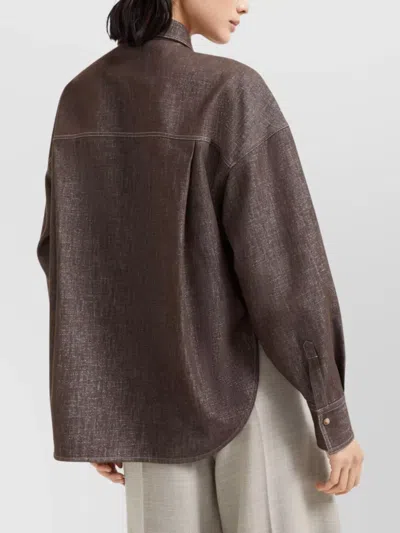 Brunello Cucinelli Brown Shirt With Classic Collar And Monil Detail On The Pocket In Cotton Blend Woman